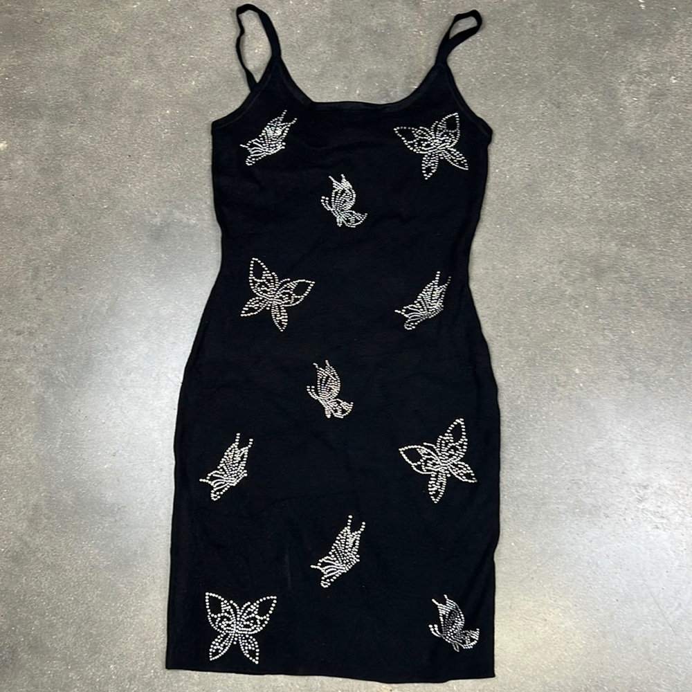 Black Bedazzled Butterfly Strapped Mini Dress